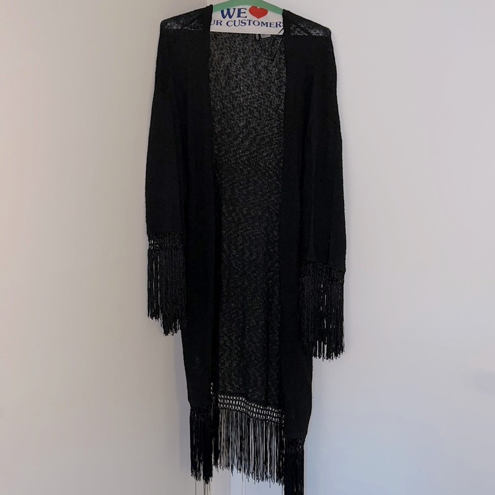Dividend by H&M Long Boho Black Vest or Beach Cover Fringe on Bottom & Sleeve S